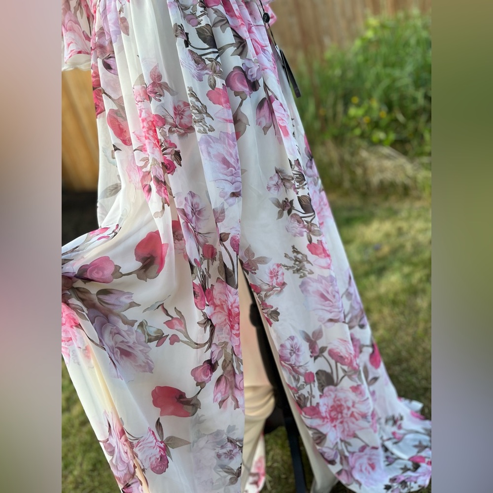 Adrianna papell flutter sleeve chiffon maxi dress floral evening gown - Picture 9 of 14